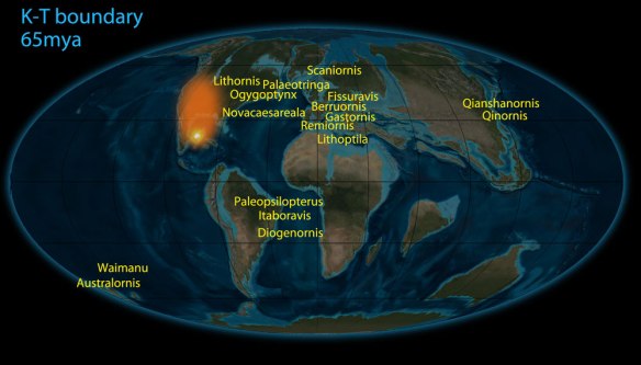 Figure 1. The world at the K-T boundary, 65 mya and the distribution of Paleocene birds.